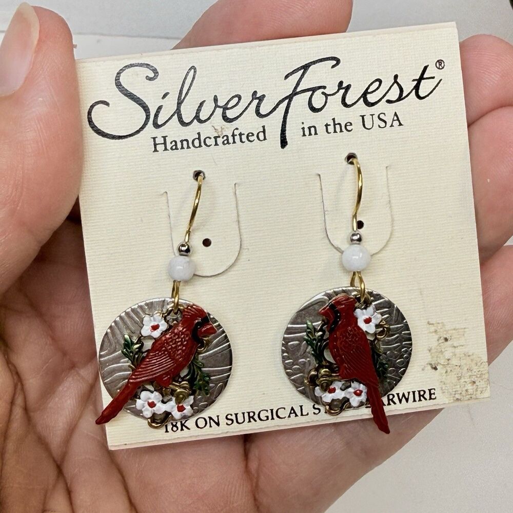 Silver Forest Floral Cardinal Santos Earrings New
